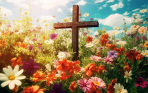 Crucifix into a garden full of flowers