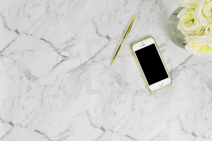 iPhone, roses, pen, gold, white, cararra marble, vase 