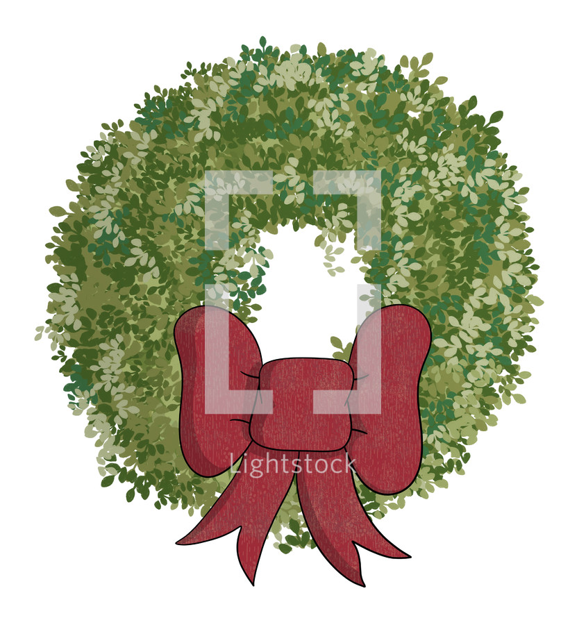 Illustrated Christmas wreath with red bow on a white background
