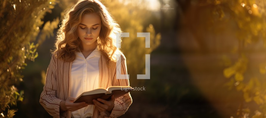 Young woman reading the bible on a sunny day with copy space