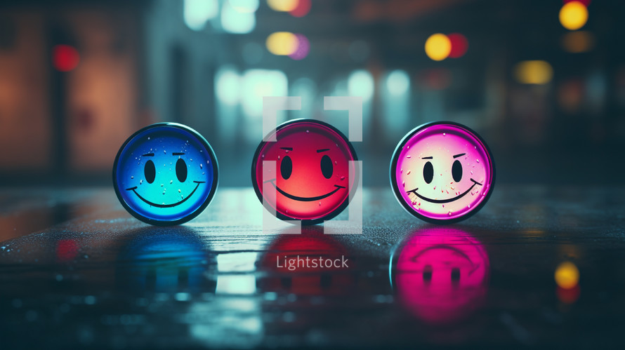 Three smiling translucent icons. 
