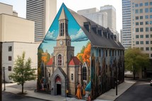 Colorful mural of a Church. Street Art