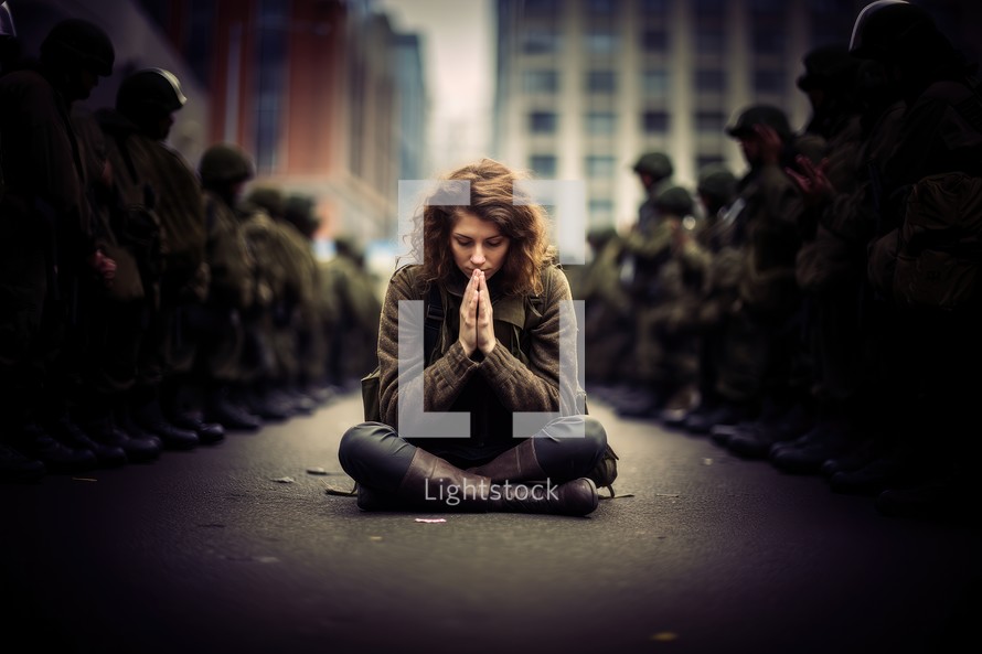 Woman praying on the street in front of soldiers