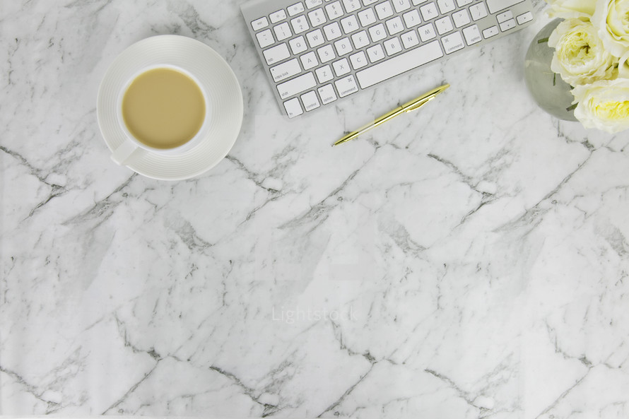 coffee cup, pen, gold, roses, white, carrara marble, computer keyboard, desk, copy space 