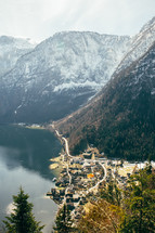 snow capped mountains and waterside town in Austria 