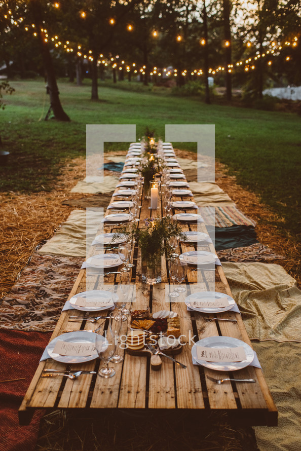  a table set for an outdoor dinner party 