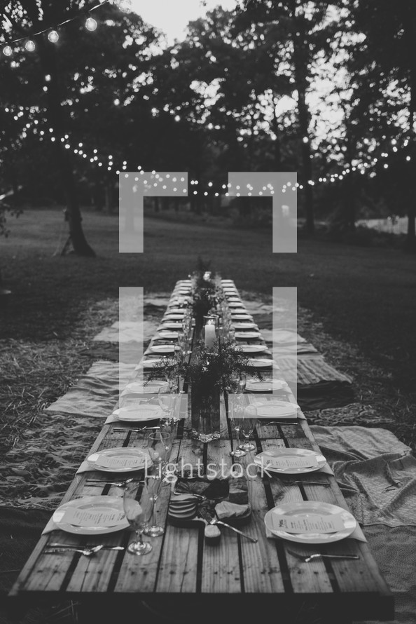 A long, rustic outdoor table set for a dinner party.