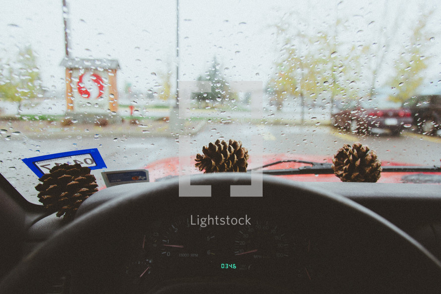 pine cones in a dashboard and rain on a windshield 