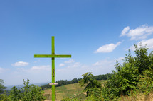 Green wood cross in vineyard in summer
