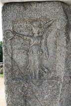 A stone engraving depicting nike victory. This historic theater in Philippi would have been visited by the Apostle Paul, Silas, Lydia and early Christians from Acts 16. The theater would have housed dramas and gladiator fights.