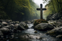 A rugged ancient cross next to a river with water streaming downhill.