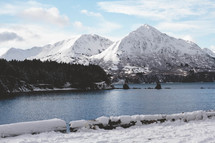 Snow-covered mountains surrounding a lake.