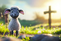 A cartoon lamb standing before the cross on Easter morning