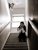 sad, teen, girl, sitting, stairs, stairway, lonely