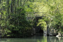 Oriental ornamental bridge over still water