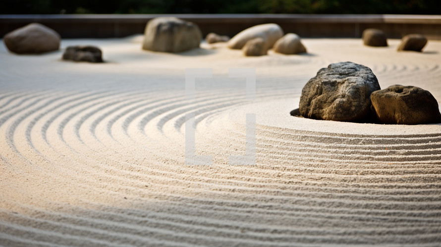 A raked Japanese zen sand garden. 