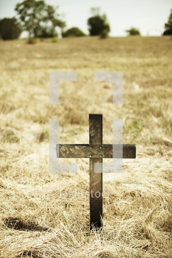 Wooden cross in open grass field