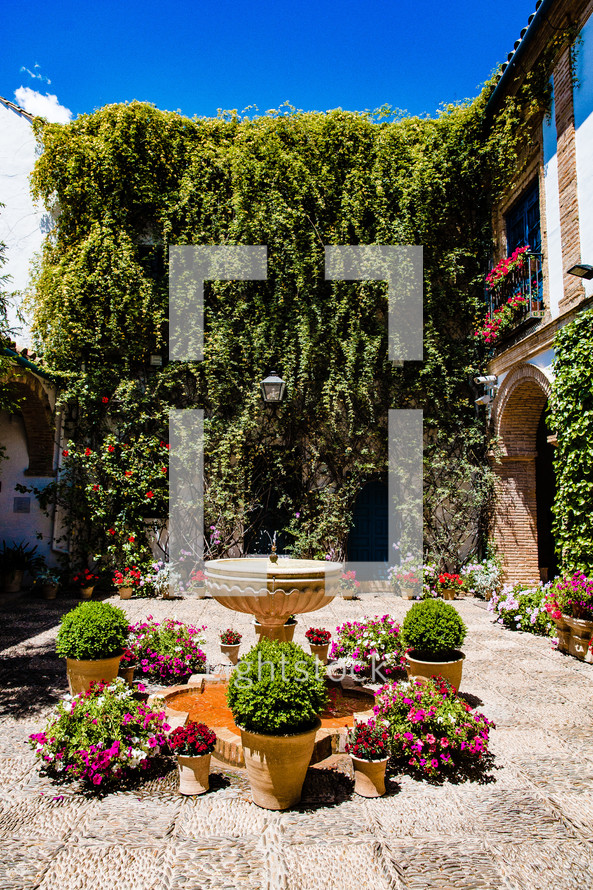 potted flowers and fountain in a garden in Spain 