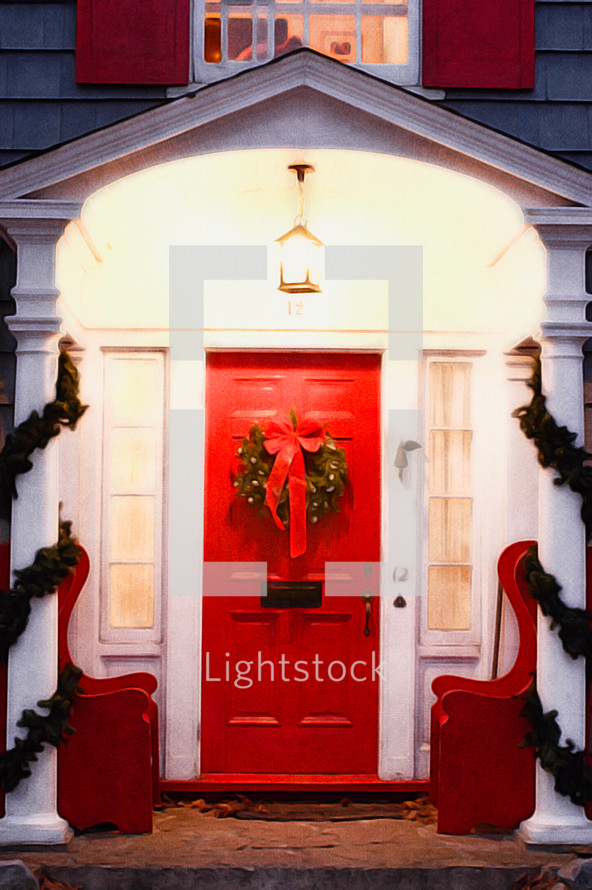 wreath on a red church door 