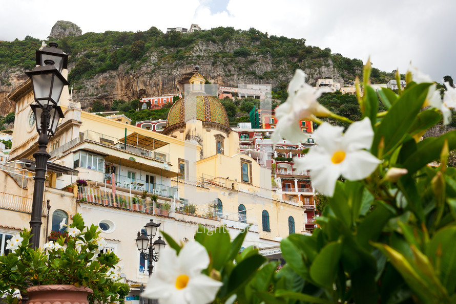 Church Of Santa Maria Assunta with flowers in Positano, Amalfi coast, Italy