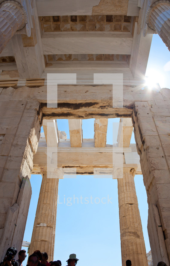 Detail of the Propylaea in Acropolis. Athens, Greece
