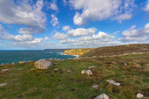 Landscape view of the Cornwall coast near Land's End England with dramatic clouds