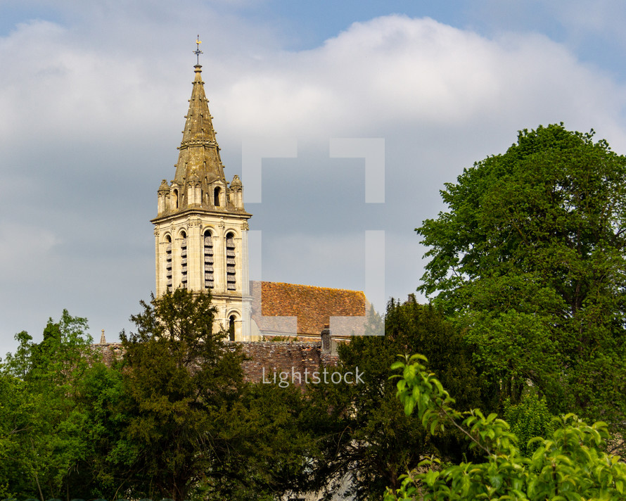 The bell tower of the Church of Saint Christopher is visible from many places in Cergy, France