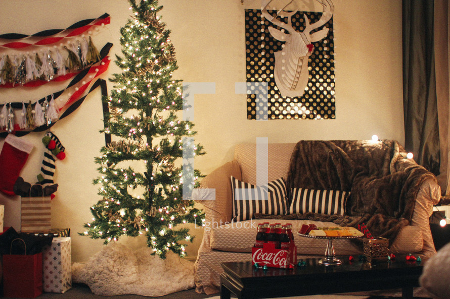 a living room decorated for Christmas