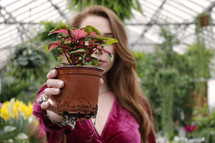 a woman holding a plant in a greenhouse 