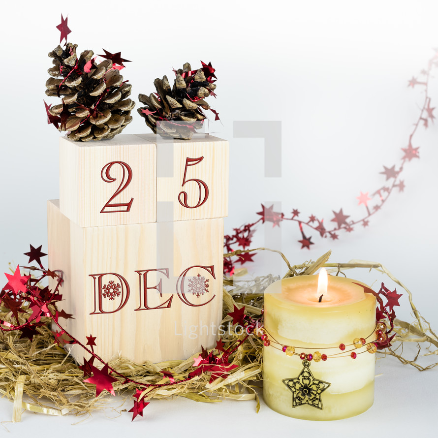 25th of December, Christmas, Christmas day, blocks, candle, garland, candle, stars, pine cones, decorations 
