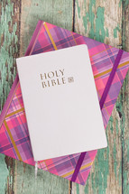 Holy Bible and pink plaid journal 