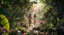 Adam and Eve walk the Garden of Eden together—a tropical paradise. 