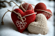 Red and white knitted hearts
