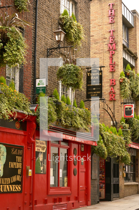 Dublin, Ireland - July 27, 2020: The Temple Bar District Facade