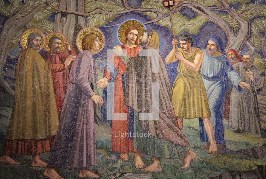 Painting depicting Jesus and His disciples in the garden of Gethsemane when he was betrayed by Judas 