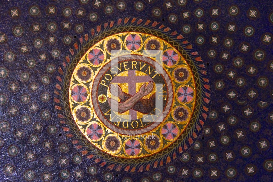 Decorative mosaic inlaid with Latin words meaning, "They have appointed me the custodian."