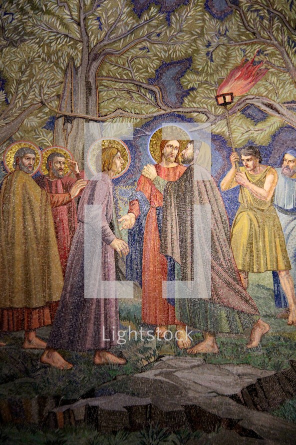 Painting depicting Jesus and His disciples in the Garden of Gethsemane when Jesus was betrayed by Judas 