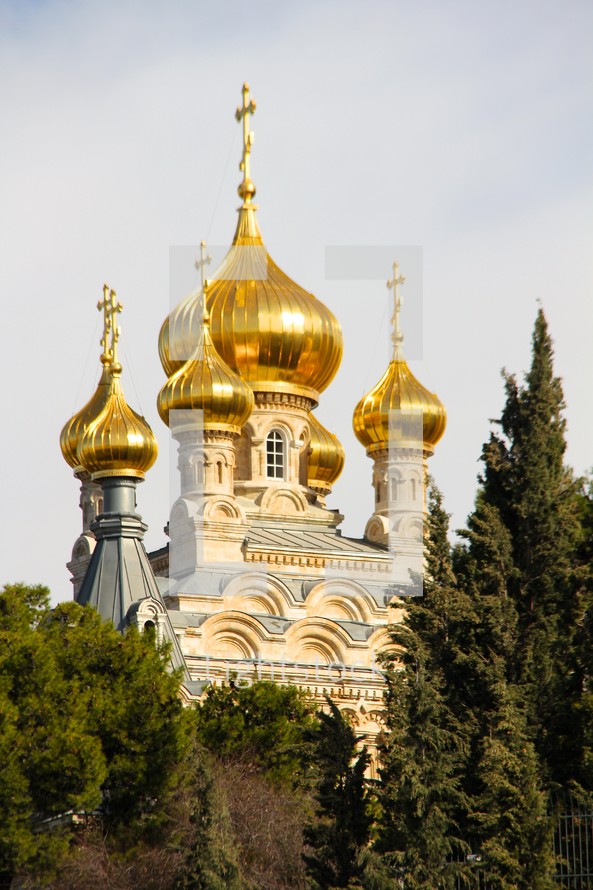 Ornate Orthodox Church with gold turrets surrounded by trees.