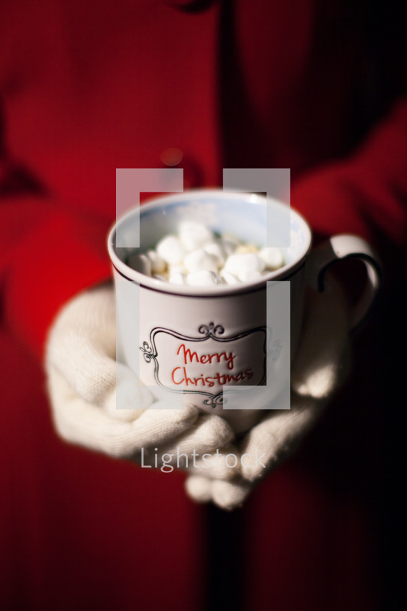 A woman's hands wearing white gloves holding a cup of hot chocolate