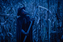 Plague Doctor Gothic Woman With Sharp Scythe Standing In Autumn Thickets Of Corn