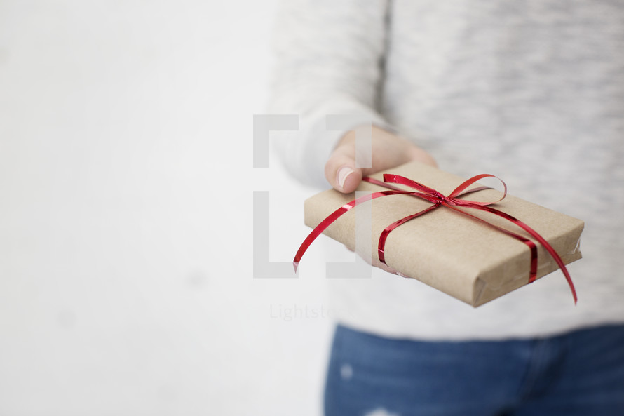 Hands holding a Christmas gift.