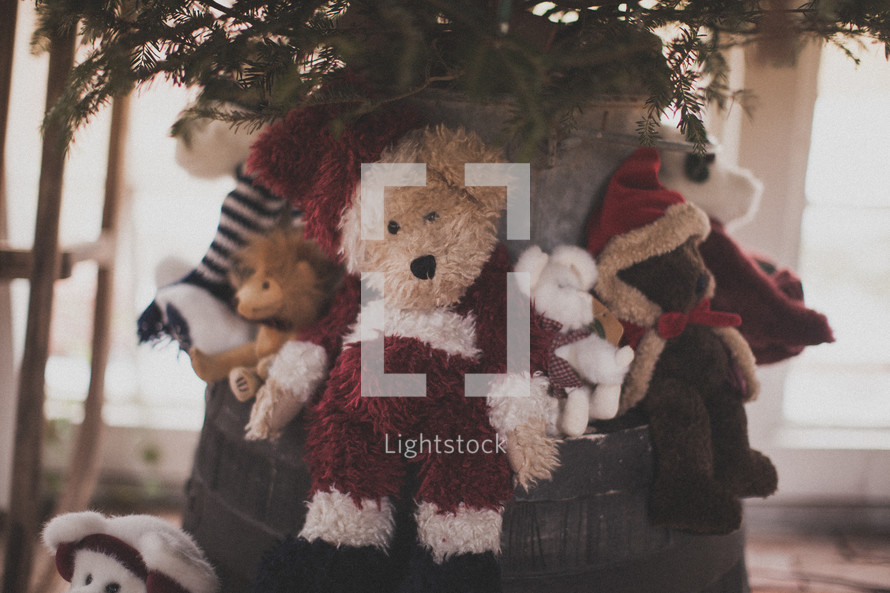 Teddy bears under a Christmas tree