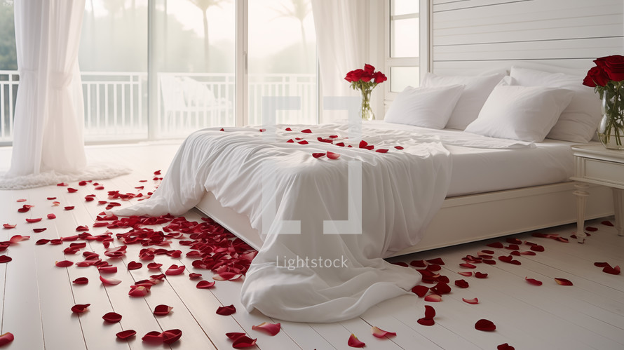 Red rose petals on a white bed. Romantic concept. 