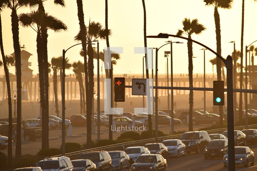 Pacific Coast Highway, Huntington Beach, California at sunset 