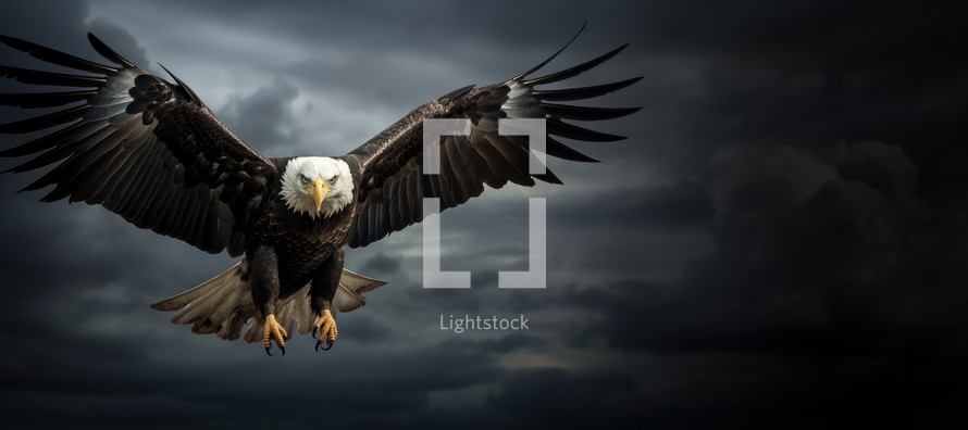 Bald Eagle flying in stormy sky. 3D illustration.