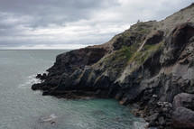 rock cliffs along a shoreline 