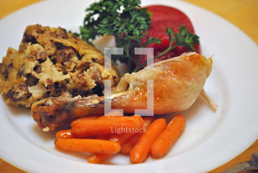 Holiday dinner: roast chicken, carrots, dressing, and spiced apples with a parsley garnish.