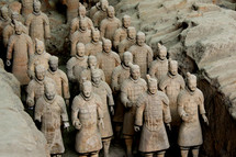 Terra cotta statues of ancient Chinese warriors.