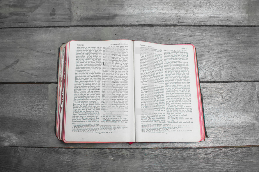 pages of an opened Bible on a wood background 