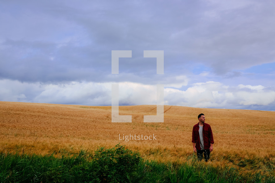 a man standing alone in a field of wheat